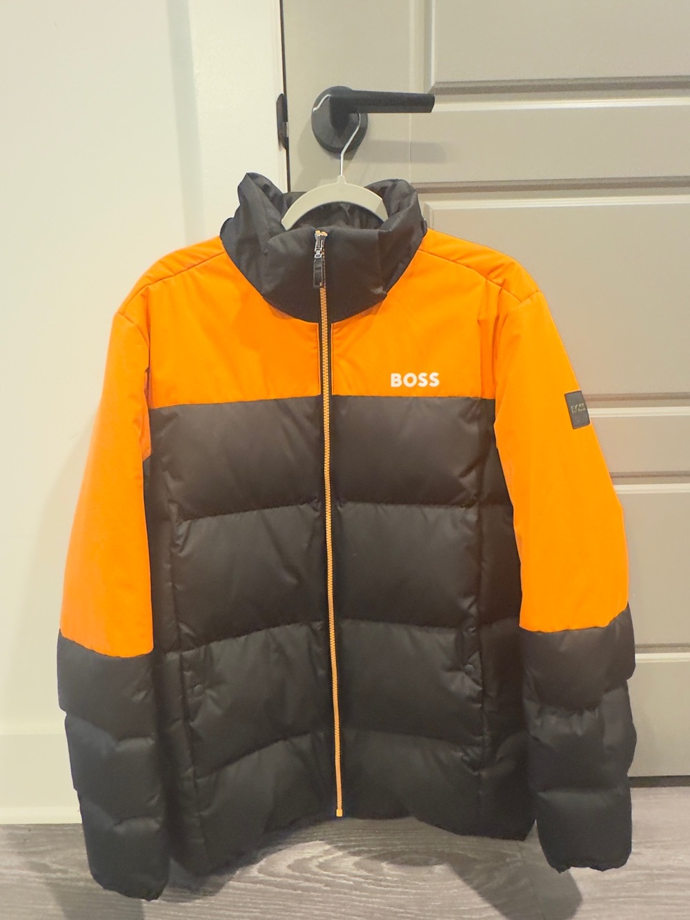 Boss Black and Orange Colorblock Puffer Jacket